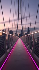 Obraz premium A modern, illuminated pedestrian bridge at twilight, showcasing vibrant pink lights along the walkway with a city skyline in the background.