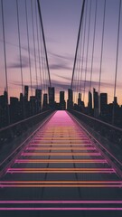 Fototapeta premium A modern pedestrian bridge illuminated with vibrant neon lights against a stunning city skyline at dusk.