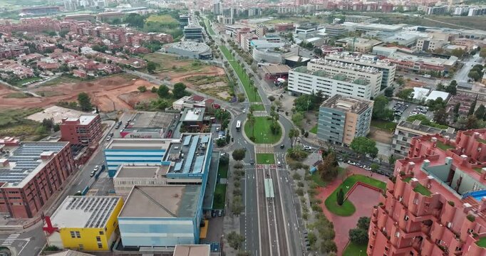 Aerial view of the architecture of Walden seven in Barcelona. Beautiful geometry of a red building in Spain. High quality 4k footage