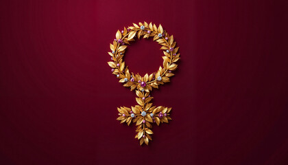 Elegant feminine symbol in golden leaves on deep burgundy background, empowerment, Female Symbol, International Women&rsquo;s Day 