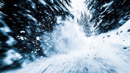 Motion blur effect of an avalanche crashing through a forest, with flying snow and debris scattered across a high-speed background