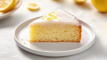 A slice of moist lemon drizzle cake with a lemon glaze and a garnish of lemon zest, placed on a plain white plate, Slice centered with a slightly angled view