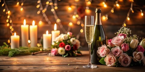Elegant champagne bottle floating in a glass of bubbly liquid on a wooden table amidst candles and flowers, holiday