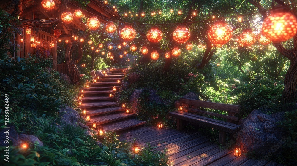 Poster Enchanting Forest Path Illuminated With Lanterns