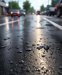 Oil droplets on a wet asphalt surface after a car accident, asphalt surface, car accident