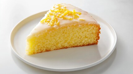A slice of moist lemon drizzle cake with a lemon glaze and a garnish of lemon zest, placed on a plain white plate, Slice centered with a slightly angled view