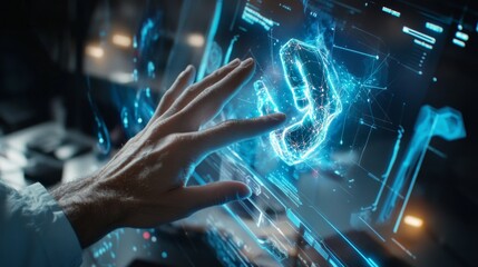 An augmented reality design studio with holographic displays and interactive digital interfaces, creative workspace with abstract art on the walls, Futuristic style