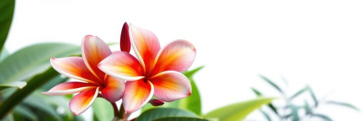 Fototapeta premium Frangipani plumeria flower with large, showy blooms and vibrant colors in a lush green environment on a white background, wildflower, lush, natural