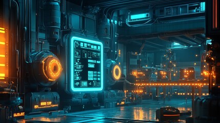 Obraz premium Futuristic Technology Laboratory with Neon Lights and High-Tech Displays