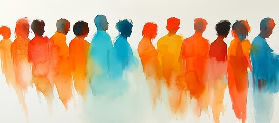 Obraz premium A colorful watercolor painting of a varied crowd, perfect for showcasing social issues, community events, and art-themed marketing campaigns, and includes room for additional text.