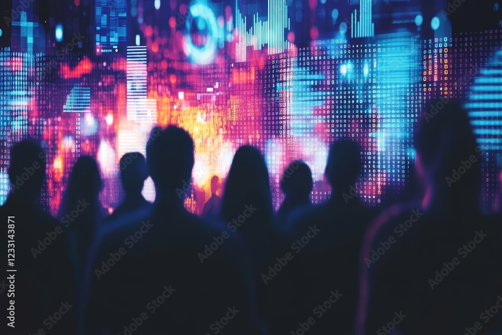Poster silhouettes are cast against a vibrant digital display teeming with abstract data and light patterns