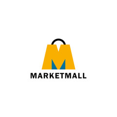 Unique shopping bag logo shaped like the letter M, in yellow and blue. Modern and stylish, perfect for e-commerce, retail brands, and shopping apps. Eye-catching design for fashion and online stores.