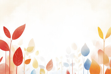 Abstract illustration of colorful leaves in red, yellow, and blue on a light background.