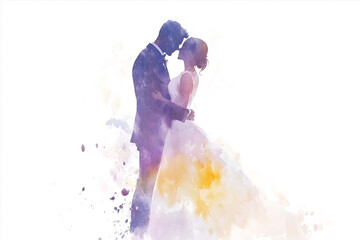 Fototapeta premium A watercolor silhouette of a bride and groom embracing, with splashes of purple and orange.