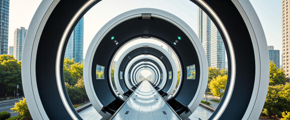 Futuristic transportation system with circular structures showcasing advanced engineering and modern design, set against a backdrop of urban skyscrapers and greenery