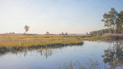 Calm lake with a few trees in the background