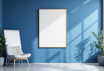 A white chair with a gray cushion sits in a blue-walled room, accompanied by a whiteboard and two potted plants. A4 frame mockup