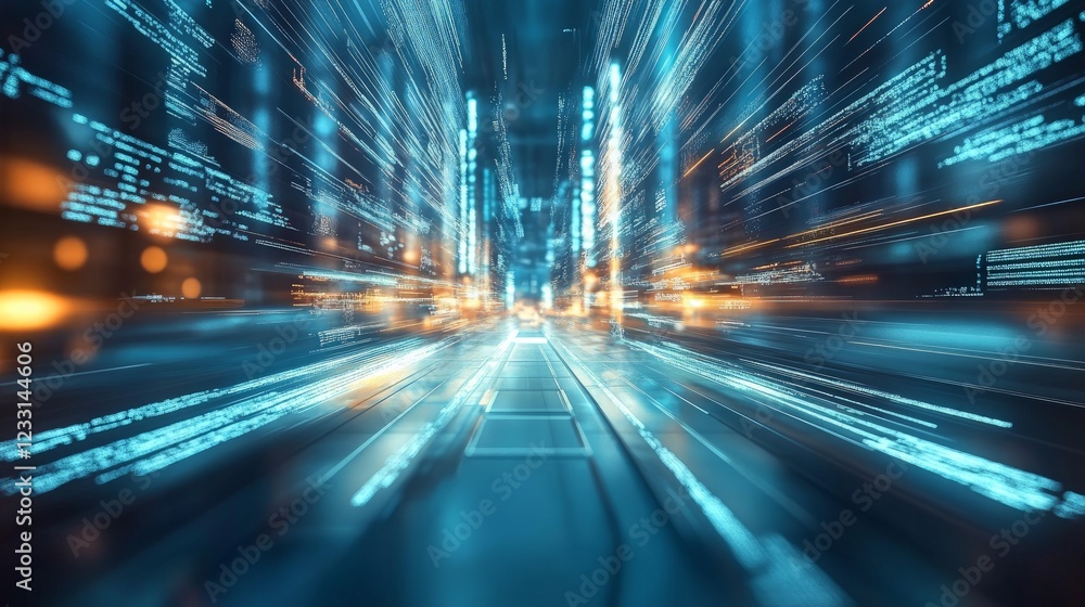 Wall mural futuristic data stream with blues and oranges in motion blur effect