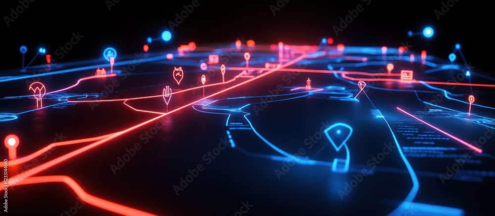 Poster futuristic glowing digital map with network connections and data points.