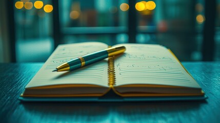 Pen on open notebook with music notes, cafe table, bokeh background