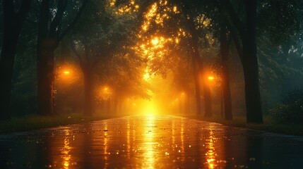 A Mystical Path Lit by Golden Lights through Dark Trees and a Wet Road