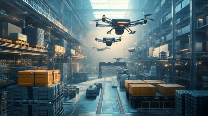 Obraz premium Drones Operating in a Large Modern Warehouse with Shelves and Boxes