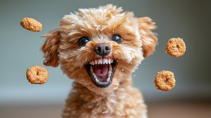 Playful poodle catching treats indoors, blurred background, pet food ad