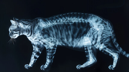 Fototapeta premium Striking X-ray composition showing a cat in profile with visible skeletal framework and musculature rendered in ethereal blue luminescence