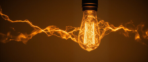 Illuminated light bulb with vibrant electric sparks creating a dynamic visual energy display against a dark background