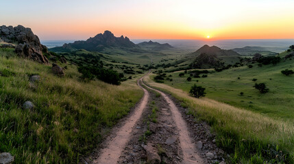 Sunset over grassy hills, winding road journey