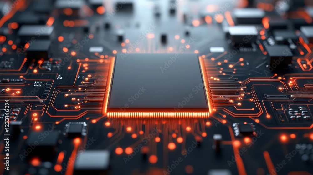 Wall mural close-up view of a computer chip with glowing circuitry on a black background highlighting technolog