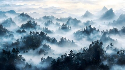 A mystical landscape shrouded in fog, with trees and mountains appearing faintly in the distance. The scene is enveloped in soft, harmonious colors, enhancing the ethereal quality of the fog. 