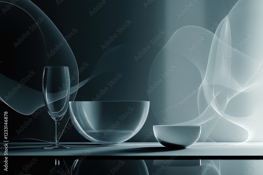 Poster elegant glassware displayed artistically with soft lighting in a modern setting