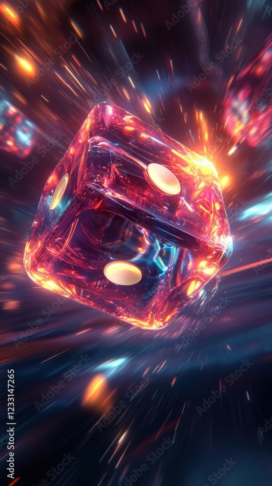 Poster hyper-realistic glowing dice in motion blur
