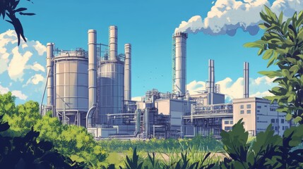 Obraz premium Industrial landscape with blue sky and green plant