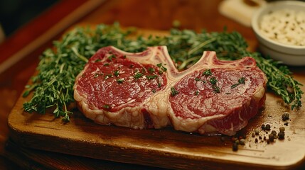 Fototapeta premium Raw T-bone steak seasoned, kitchen prep, herbs, spices