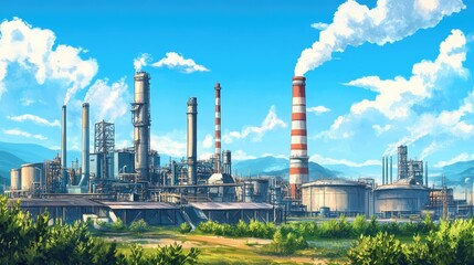 Obraz premium Industrial landscape with blue sky and green plant