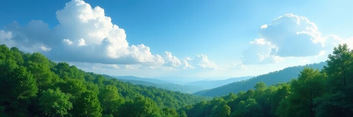 Fototapeta premium Clouds drift slowly across the blue sky above a serene forest landscape, calm, breeze