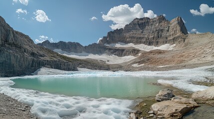 Obraz premium High altitude lake with icy shores reflects the mountain range under a blue sky