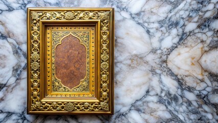 A golden frame sits atop a marble surface, partially framing an ancient book with intricate designs and patterns , decor