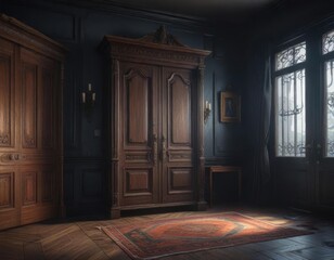 Haunted mansion with creaking doors and broken furniture, dusty, old