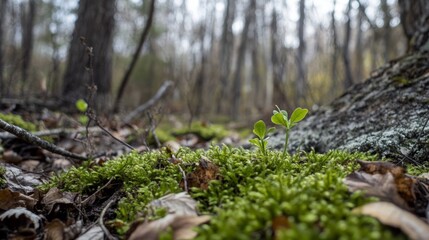 Fresh Green Sprout Emerging from Moss in Tranquil Forest Environment