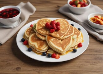Heart-shaped pancakes on a plate with fresh fruit and syrup, kitchen, breakfast, dessert