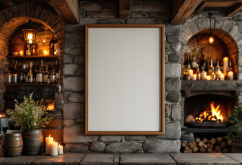 A rustic stone fireplace with a warm fire and a wooden shelf displaying bottles of wine and a framed picture is set against a stone wall with a wooden beam. A4 frame mockup