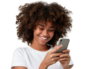 A portrait of a young African American black woman with curly hair looking at her mobile phone and smiling, isolated in a transparent background. Cut out or PNG.