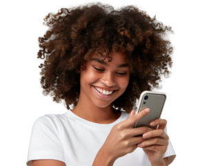 A portrait of a young African American black woman with curly hair looking at her mobile phone and smiling, isolated in a transparent background. Cut out or PNG.