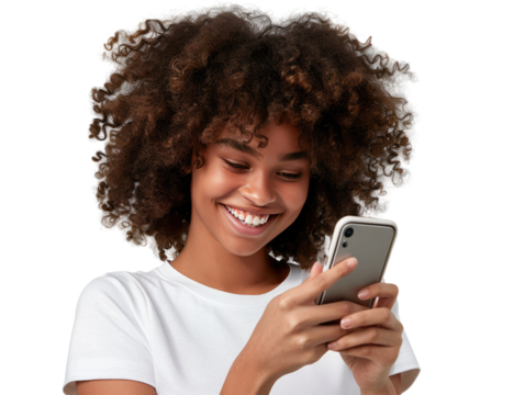 A portrait of a young African American black woman with curly hair looking at her mobile phone and smiling, isolated in a transparent background. Cut out or PNG. - Powered by Adobe