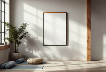 A white-framed picture hangs on a light gray wall, accompanied by a potted palm plant, yoga mat, and blue cushion, creating a serene and minimalist yoga studio atmosphere. A4 frame mockup