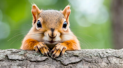 Obraz premium Cute squirrel on branch, forest background, wildlife, nature