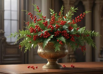 Fototapeta premium holly berries and sprigs in a ornate brass vase , decorative items,